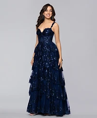 Blondie Nites Women's Sweetheart Sequin Lace Tiered Ball Gown