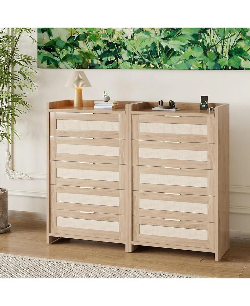 gaomon Rattan 5-Drawer Dresser for Bedroom, Boho Wooden Chest of Drawers with Large Storage
