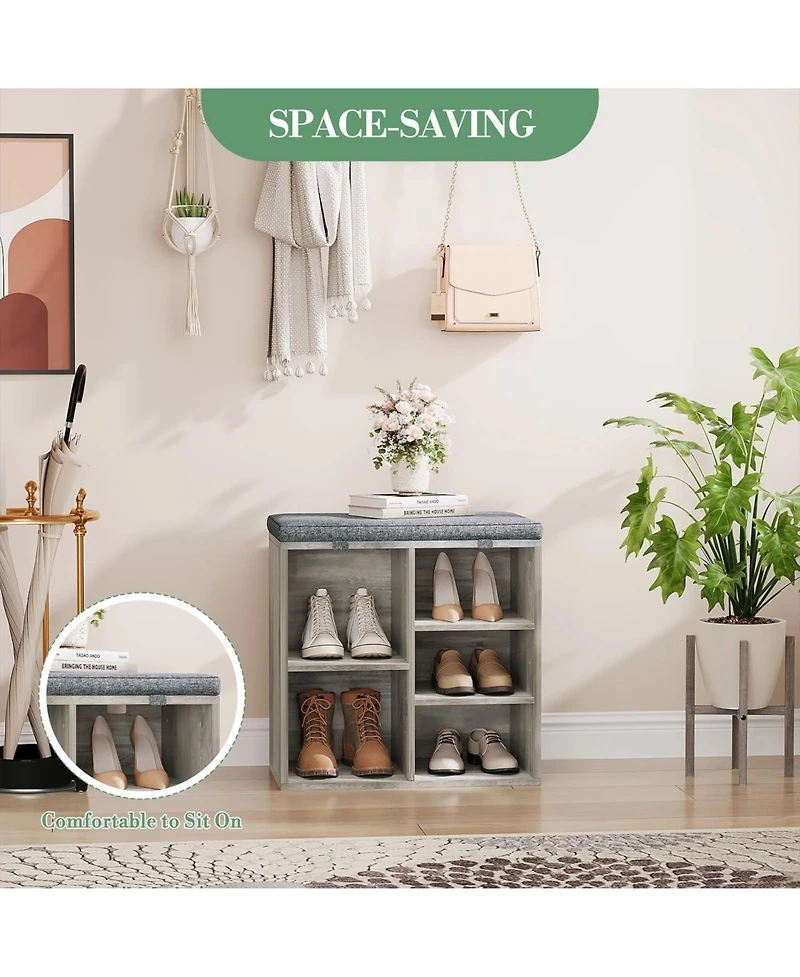 gaomon Entryway Shoe Bench with Storage and Cushioned Seat, Wooden Shoe Rack with Adjustable Shelves and Side Pockets