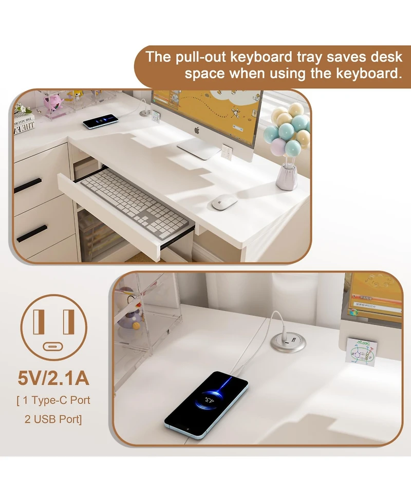 Streamdale L-Shaped Corner Desk with Led, Usb, Keyboard Tray - White