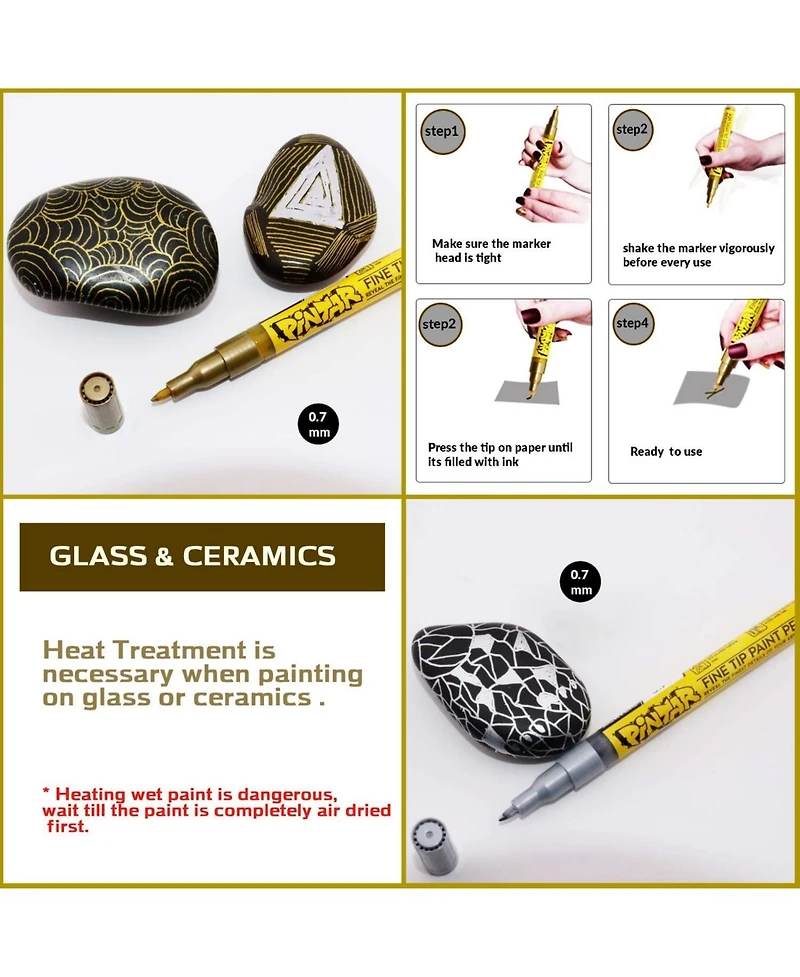 Pintar Acrylic Paint Markers - Pack of 6 Gold & Silver with 0.7 mm Tips