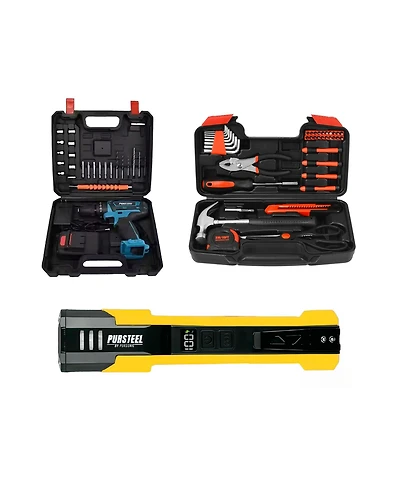 Pursonic All-in-One Home Project Powerhouse: 21V Cordless Drill, Handy Solutions 39-Piece Tool Kit, and Ultra Bright Flashlight