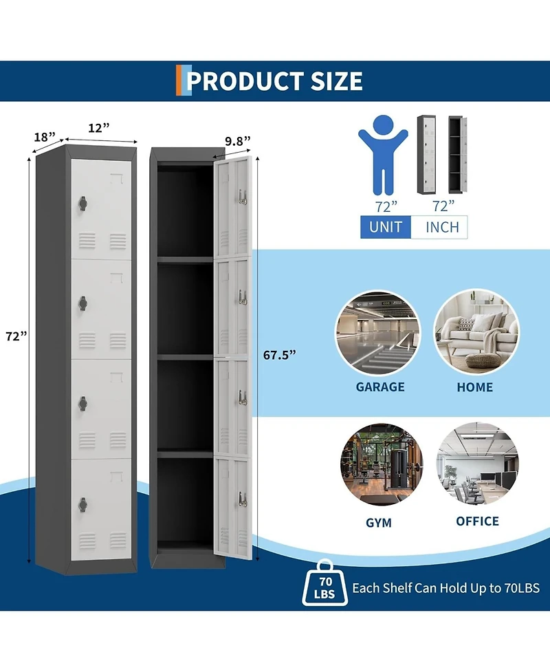 gaomon 71" Metal Locker Cabinet with Hanging Rod and Shelves, Heavy Duty Steel Storage for Office or Gym