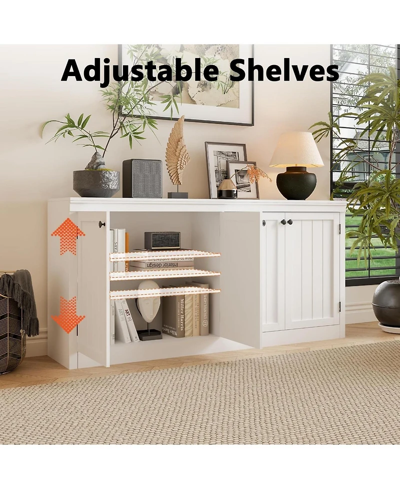 gaomon 63" Buffet Sideboard Cabinet with 4 Striped Doors, Modern Coffee Bar Storage Cabinet, White