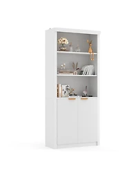 gaomon “5-Tier White Bookcase with Cabinet & Adjustable Shelf, Mid-Century Modern Design”