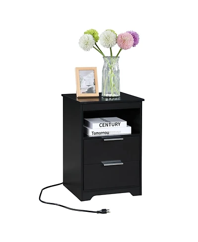 Streamdale Furniture Nightstand with Charging Station & 2 Drawers, Black