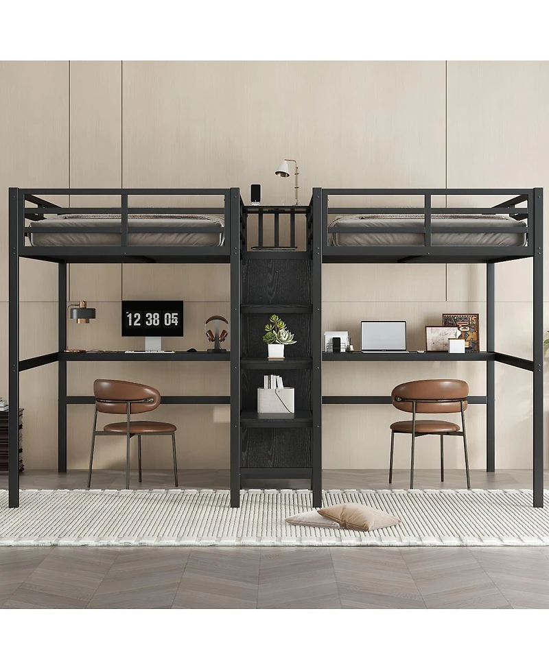Streamdale Furniture Twin Over Twin Metal Loft Bed with Double Desk, Wardrobe, Shelves & Outlet, Black