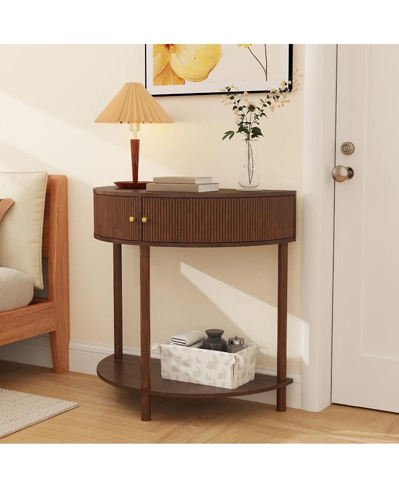 Streamdale Furniture Artisan Wave-Pattern Demi-Lune Console Table, Woodgrain, 2 Drawers