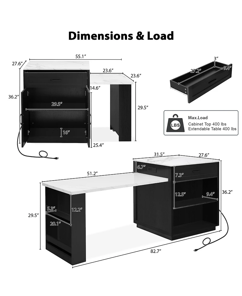 Boyel Living 82.7 inch Kitchen island with Extendable Dining Table, Two-tone Storage 2 Drawers Side Open Shelves, Power Outlet.
