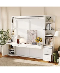 Streamdale Furniture Queen Murphy Bed with Desk, Storage, Cabinets, Hidden Wall Bed, Lights