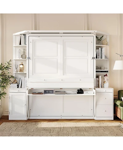 Streamdale Furniture Queen Murphy Bed with Desk, Storage, Cabinets, Hidden Wall Bed, Lights