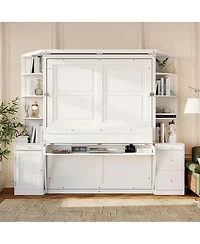 Streamdale Furniture Queen Murphy Bed with Desk, Storage, Cabinets, Hidden Wall Bed, Lights