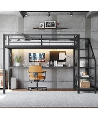 Streamdale Furniture Loft Bed with Desk and Storage Stairs, Metal Loft Bed with Led Lights & Usb Ports