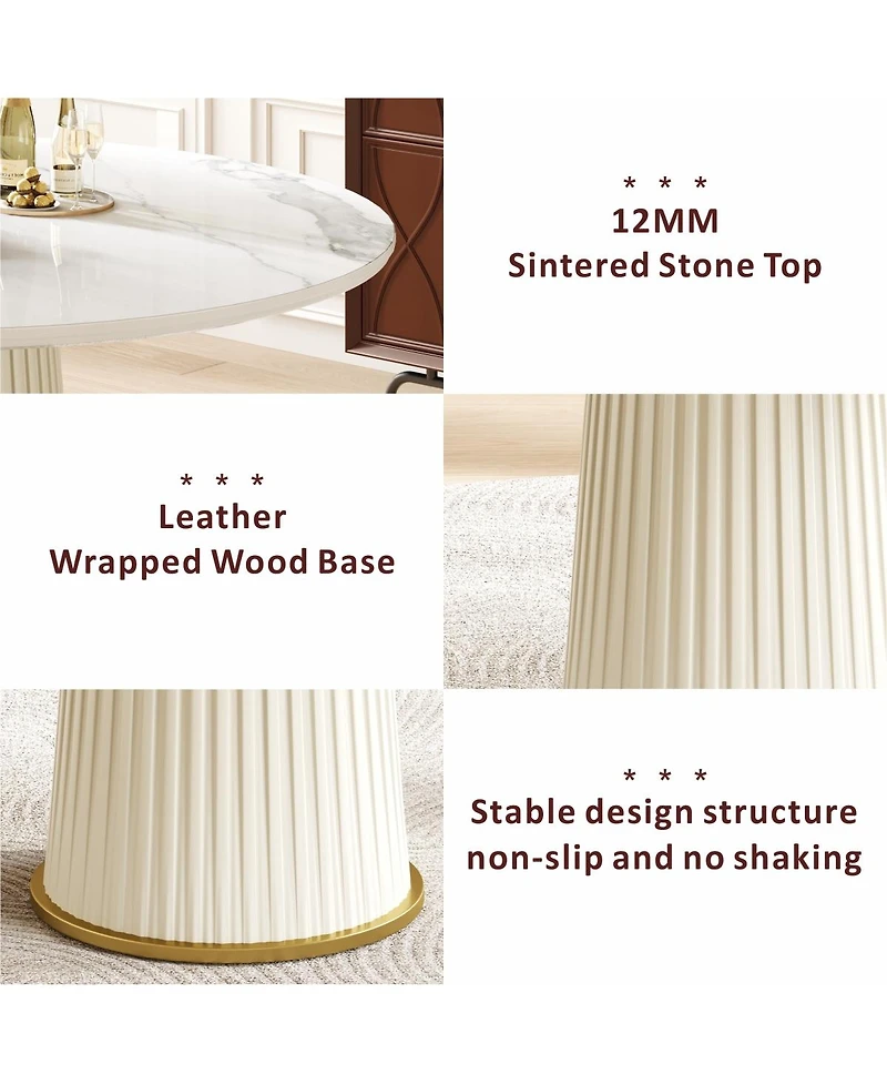 Streamdale Furniture Modern 35.43" Round Dining Table, Glossy Sintered Stone Top, Pu Leather Pedestal