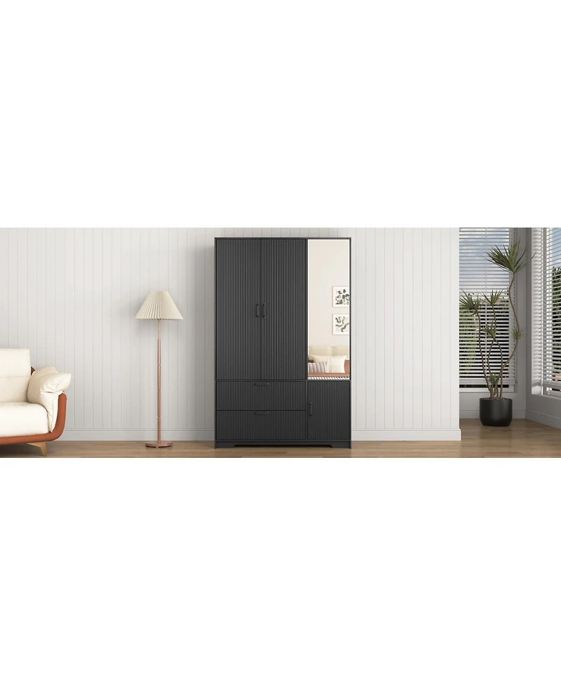 Streamdale 4-Door Wardrobe with Mirror, Led, 2 Drawers, Black