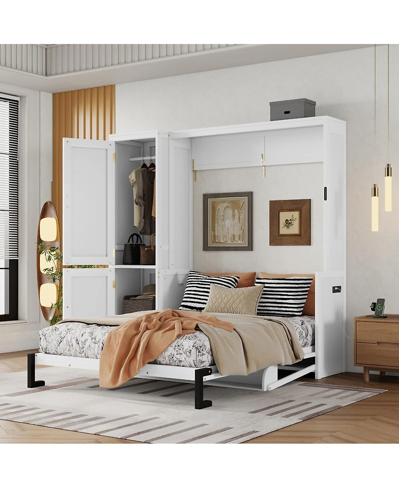 Streamdale Furniture Queen Size Wood Murphy Bed with Wardrobe & Desk