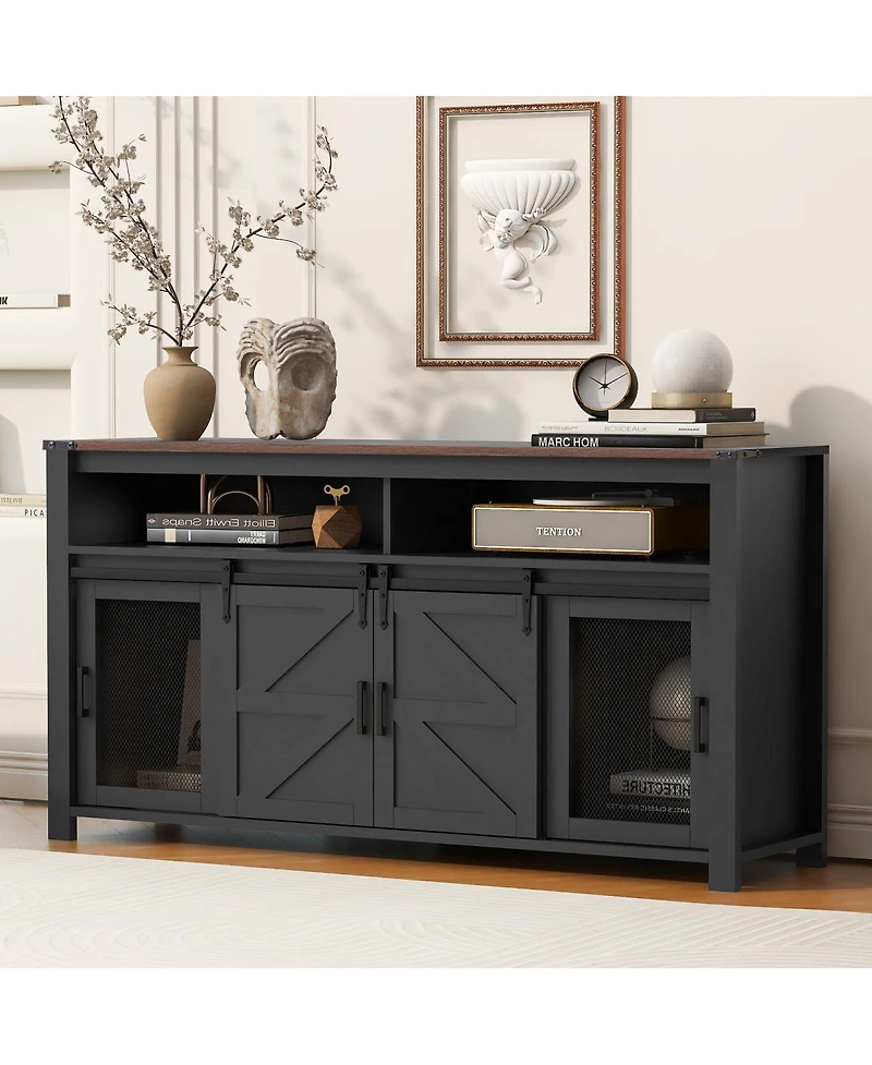 Streamdale Furniture 59.3" Farmhouse Barn Door Sideboard with Mesh Panels and Open Storage