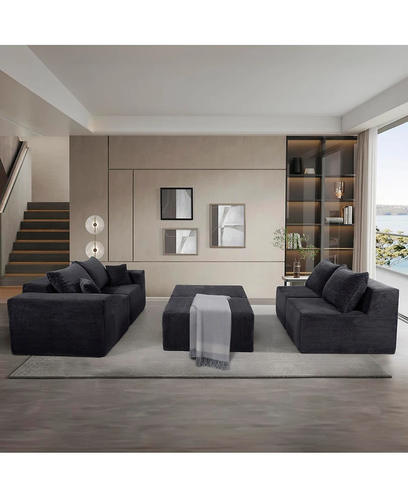 Streamdale Furniture 6-Piece Modular U-Shaped Black Corduroy Sectional Sofa with Chaise Lounge