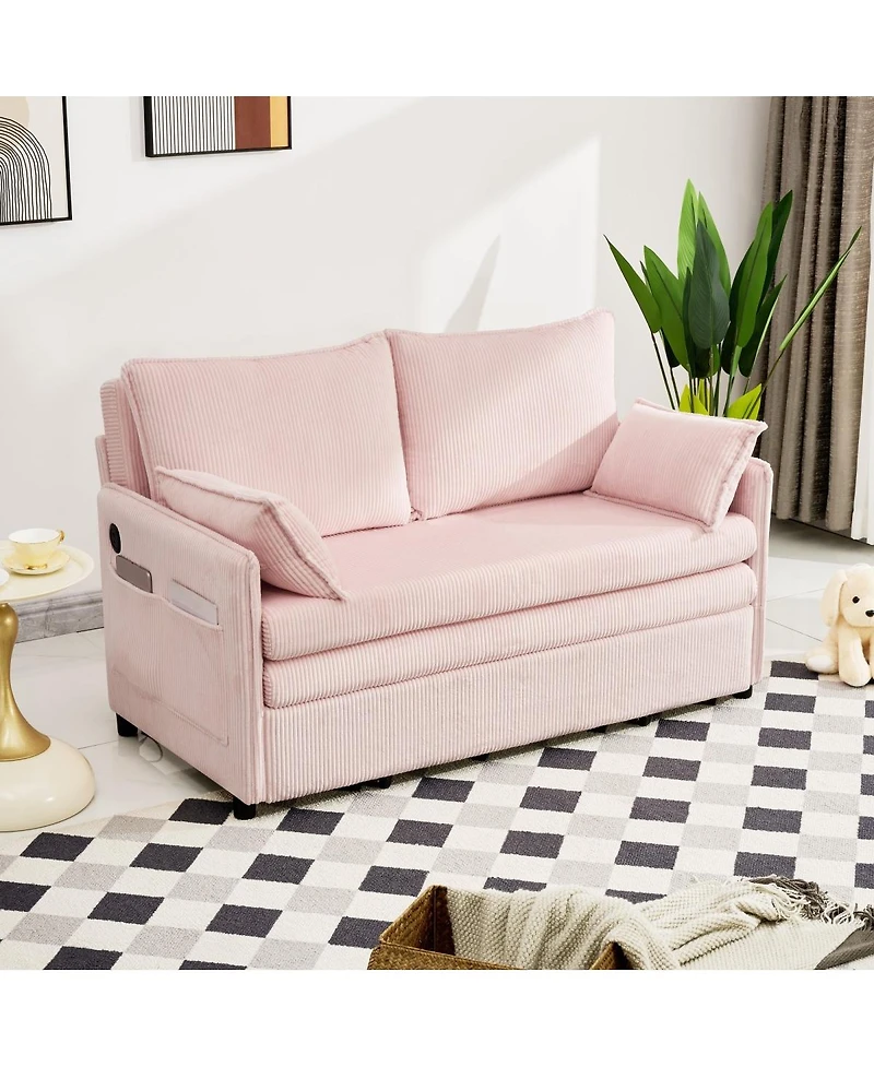 Streamdale Furniture 55" Convertible Sofa Bed with Usb Ports, Modern Corduroy Couch, Pink
