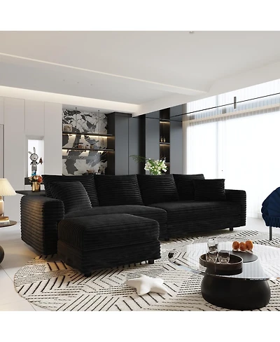 Streamdale Plush Corduroy 4-Seat Sofa, Modern Comfy Upholstered Cloud Couch, Black