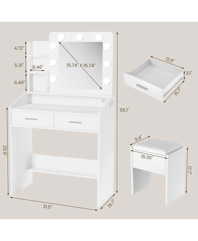 gaomon Vanity Desk with Mirror and Lights, Makeup Vanity with Power Outlet