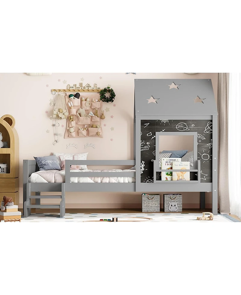 Streamdale Furniture Twin House Bed with Stairs, Window, Bookcase, Blackboard, Star Roof