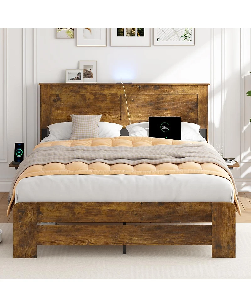 Streamdale Furniture Farmhouse Queen Bed Frame w/ Storage Shelf, Led Lights & Charging Station