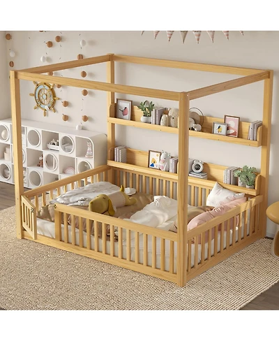 Streamdale Furniture Canopy Bed with Guardrails & Shelves, Montessori Floor Bed Frame