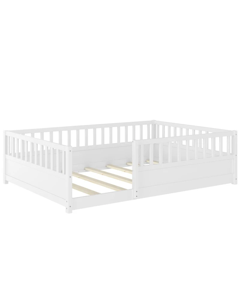 Streamdale Furniture Montessori Wooden Floor Bed with Security Barrier and Door, White