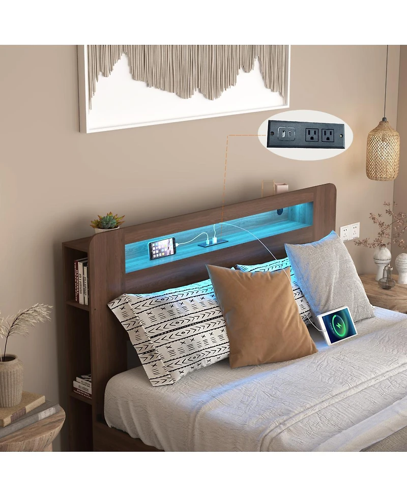 Streamdale Furniture Wooden Queen Farmhouse Bed Frame with Bookcase, Storage Drawers & Led Headboard