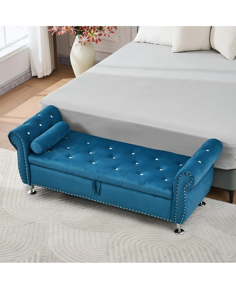 Streamdale Furniture 62.2" Soft Velvet Storage Bench with Crystal Buttons & Pillow