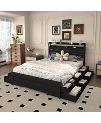 Streamdale Furniture Queen-size bed frame with storage headboard, 12 drawers, Led lights, Black.