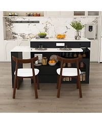 Streamdale Furniture Kitchen Island Set with 2 Chairs, Extendable & Rotating Table, Marble Veneer, 4 Drawers & Cabinets