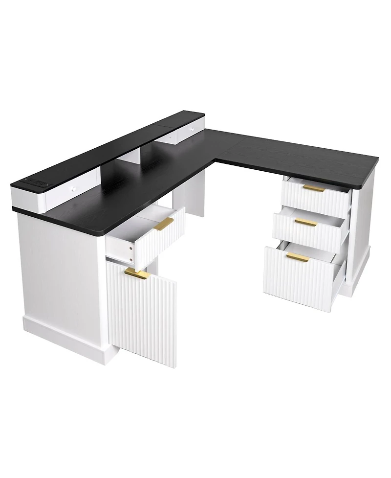 Streamdale Furniture Modern Fluted L-Shaped Desk with Charging Station & Storage