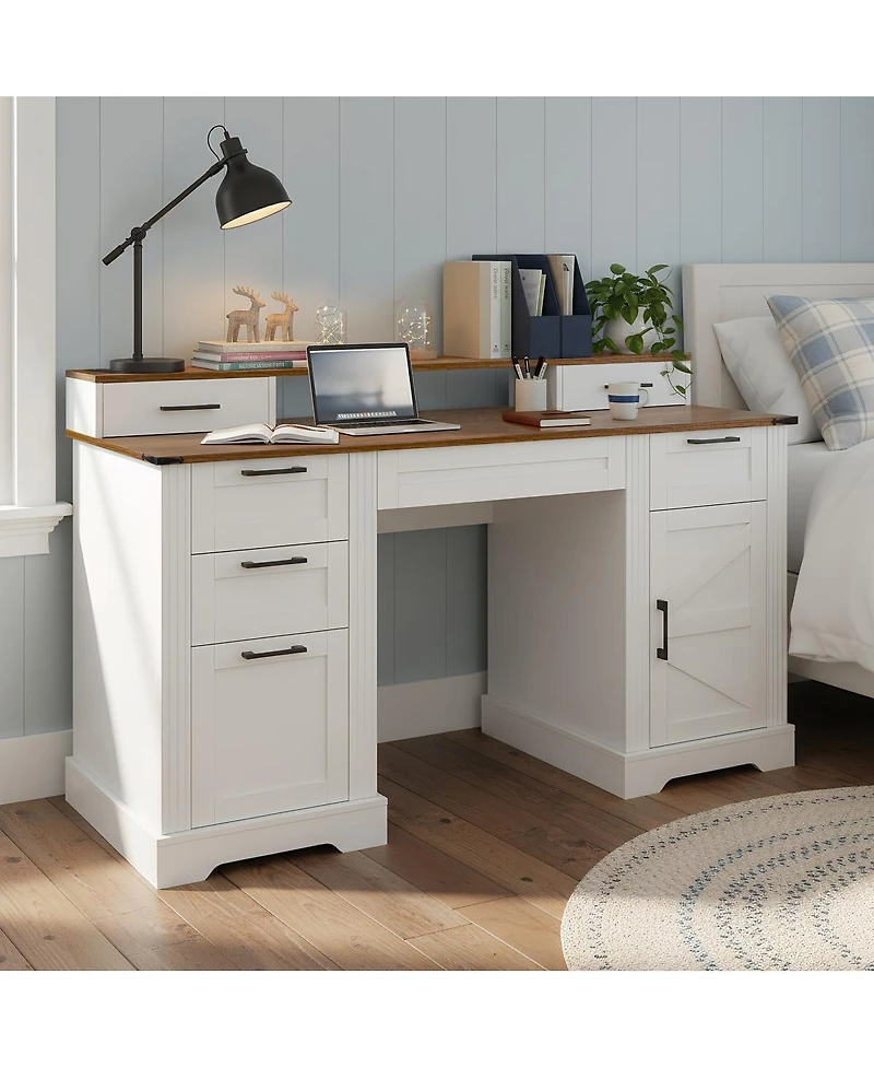 Streamdale Furniture Farmhouse Office Desk with Charging Station & Storage Cabinet