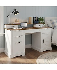 Streamdale Furniture Farmhouse Office Desk with Charging Station & Storage Cabinet