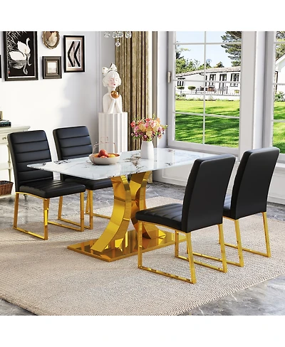 Streamdale Furniture Marble patterned glass dining chair set with gold decoration