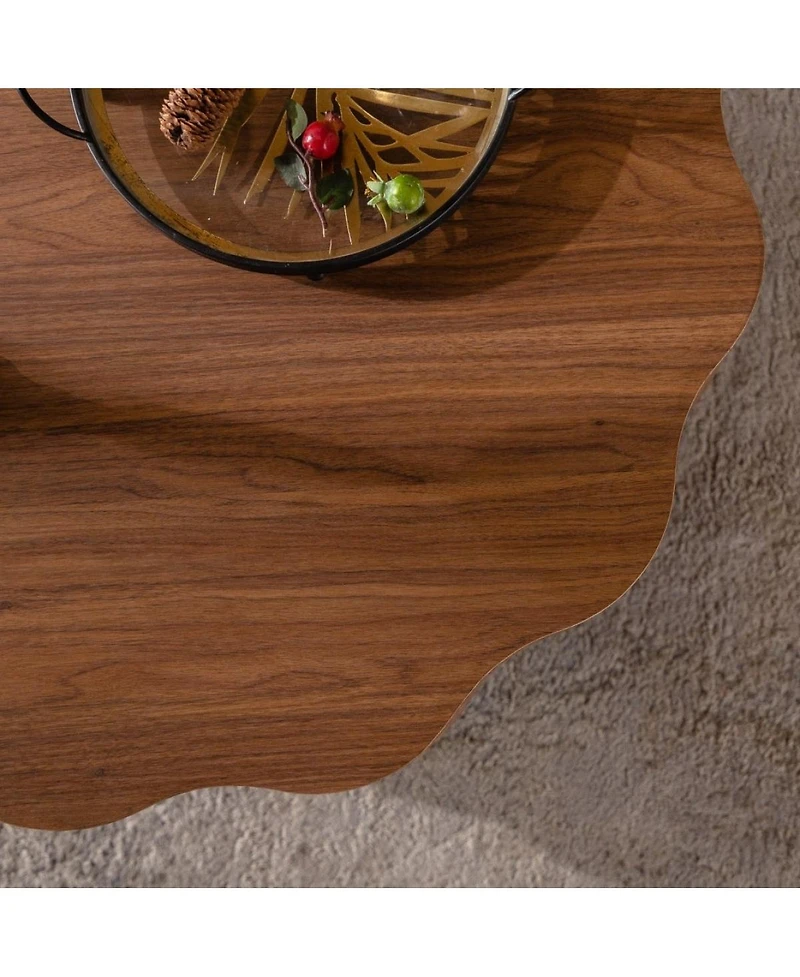Streamdale Furniture 31.5" Scalloped Edge Walnut Mdf Wood Grain Center Table - Modern Irregular Round Coffee Table