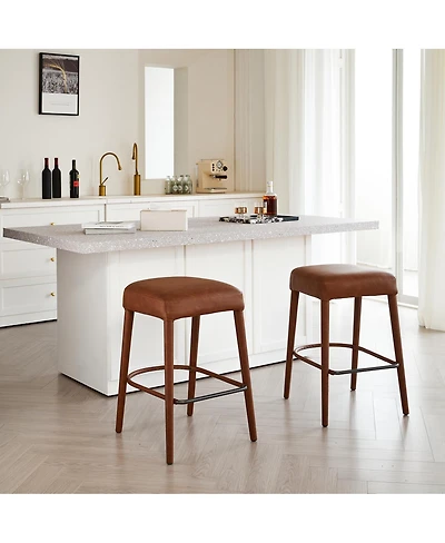 Streamdale Furniture Counter Height Backless Brown Faux Leather Bar Stool - Padded Seat, Metal Legs (2 Sets)