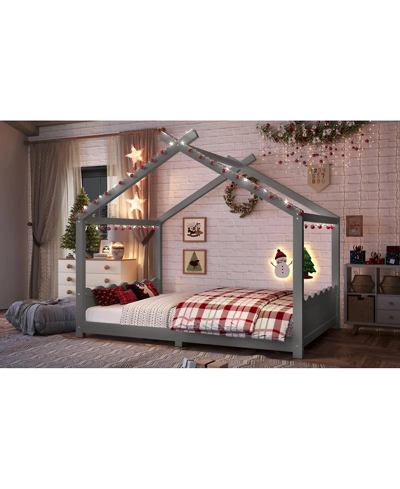 Streamdale Furniture Full House Floor Bed with Support Slats, Solid Wood House Bed Frame for Kids, Gray