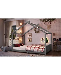 Streamdale Furniture Full House Floor Bed with Support Slats, Solid Wood House Bed Frame for Kids, Gray