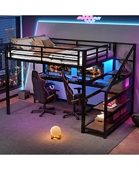 Streamdale Furniture Full Loft Bed with Desk, Storage Stairs, Led Lights & Usb Ports