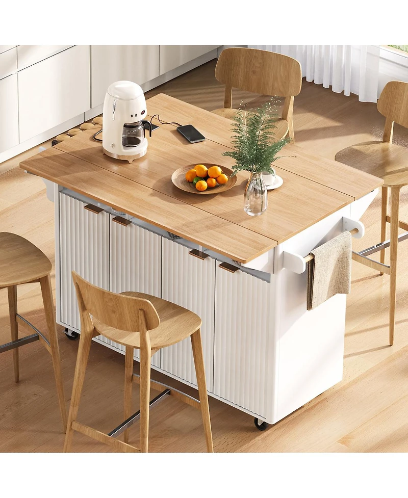 Streamdale Furniture 55.5" Fluted Kitchen Island with 2 Drop Leaf, Storage Cart, Power Outlet, 4 Doors, Spice Rack, Rolling Table