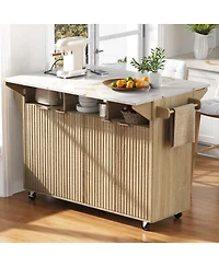 Streamdale Furniture 55.5" Fluted Kitchen Island with 2 Drop Leaf, Storage Cart, Power Outlet, 4 Doors, Spice Rack, Rolling Table