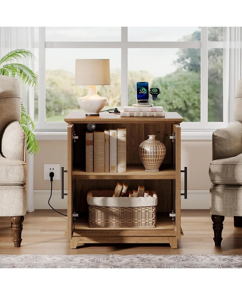 Tribesigns Large End Table with Charging Station & Led Light, 23.6" Square Sofa Side Table with Storage, Wooden Nightstand with Outlet