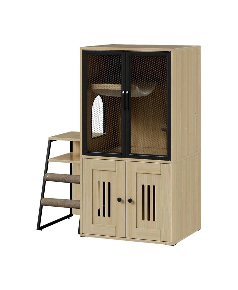 gaomon 2-in-1 Cat Litter Box Enclosure Furniture with Doors, Double Layer Cat House and Storage Cabinet, Beige