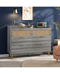 gaomon 6 Drawer Double Dresser for Bedroom, 47" Wide Modern Chest of Drawers, Wooden Storage Rattan Bedroom Living Room Hallway