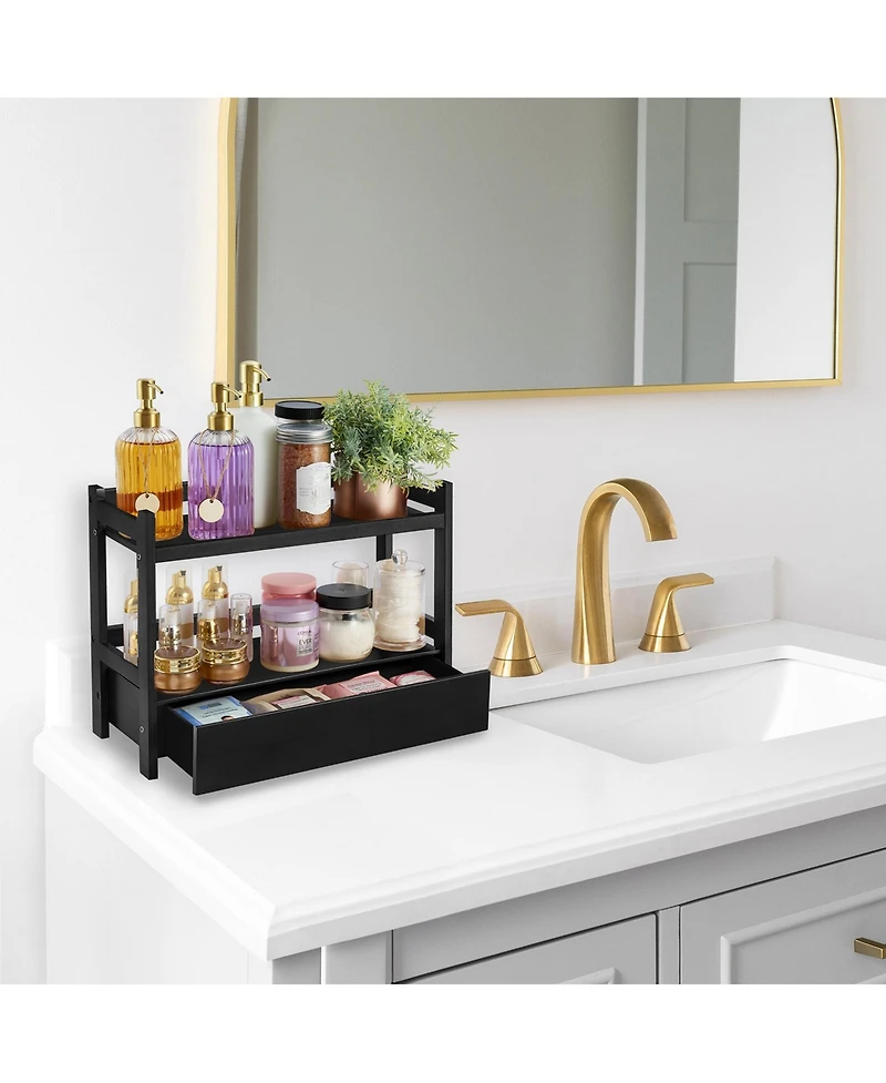 Sorbus 2-Tier Bamboo Counter Organizer with Drawer for Vanity, Matcha Station, Bathroom Sink Countertop, Kitchen & Office Storage