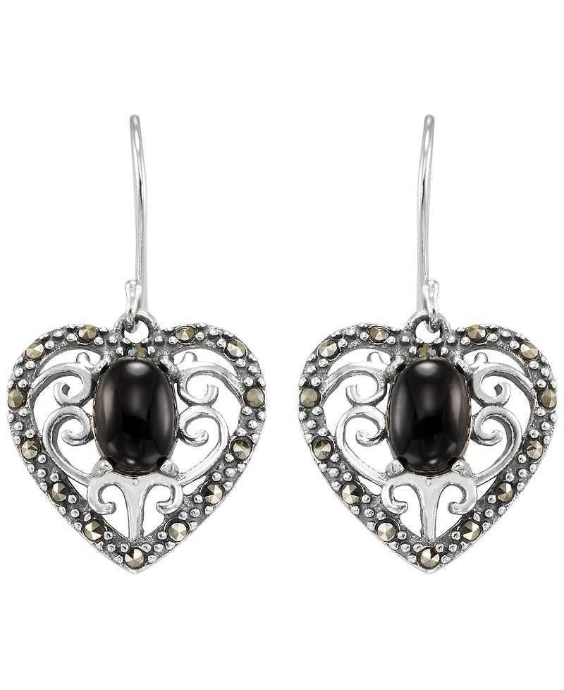 Macy's Marcasite (0.30 ct. t.w.) and Faceted Onyx (1-1/2 ct. t.w.) Drop Earrings in Sterling Silver