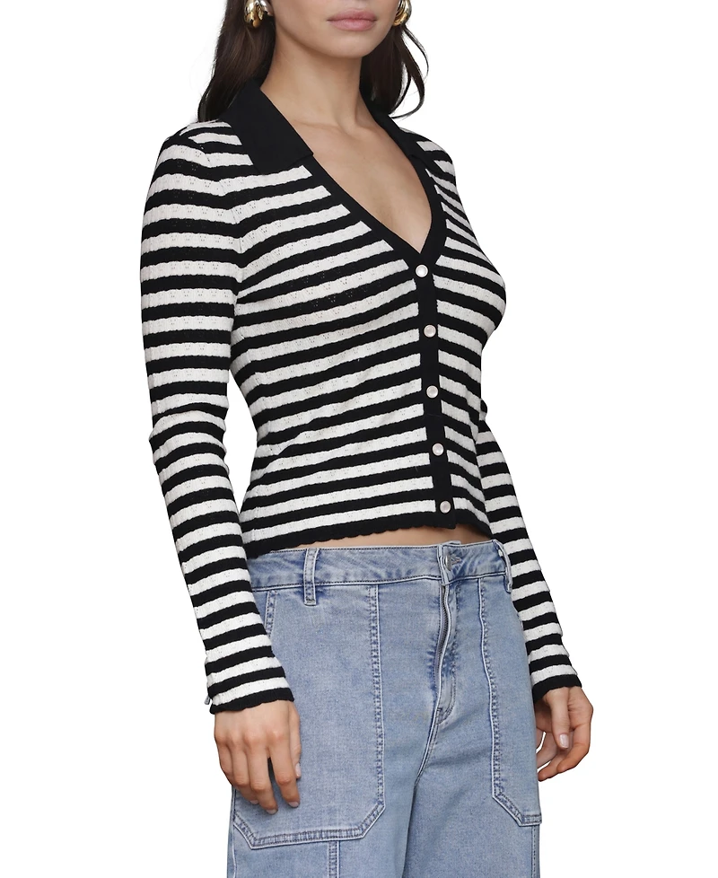 Avec Les Filles Women's Stripe Polo Long-Sleeve Cardigan Sweater